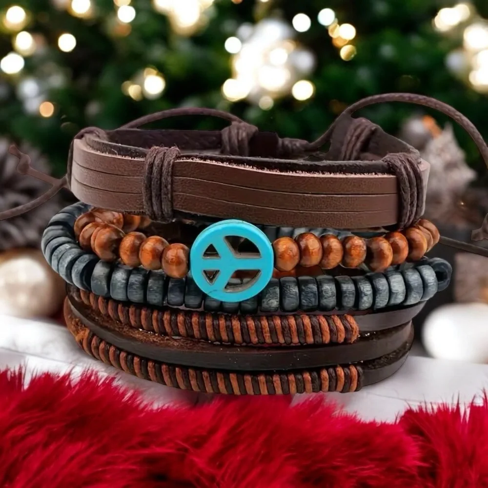 4pc Multi-layer Cool Bracelet,‎ Unisex Wooden Beads PU Leather Braided Bracelet